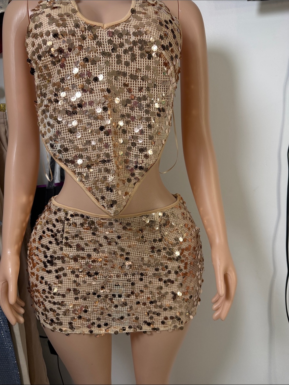 Sequin Mesh Cutout Mini Dress - Nude/Gold